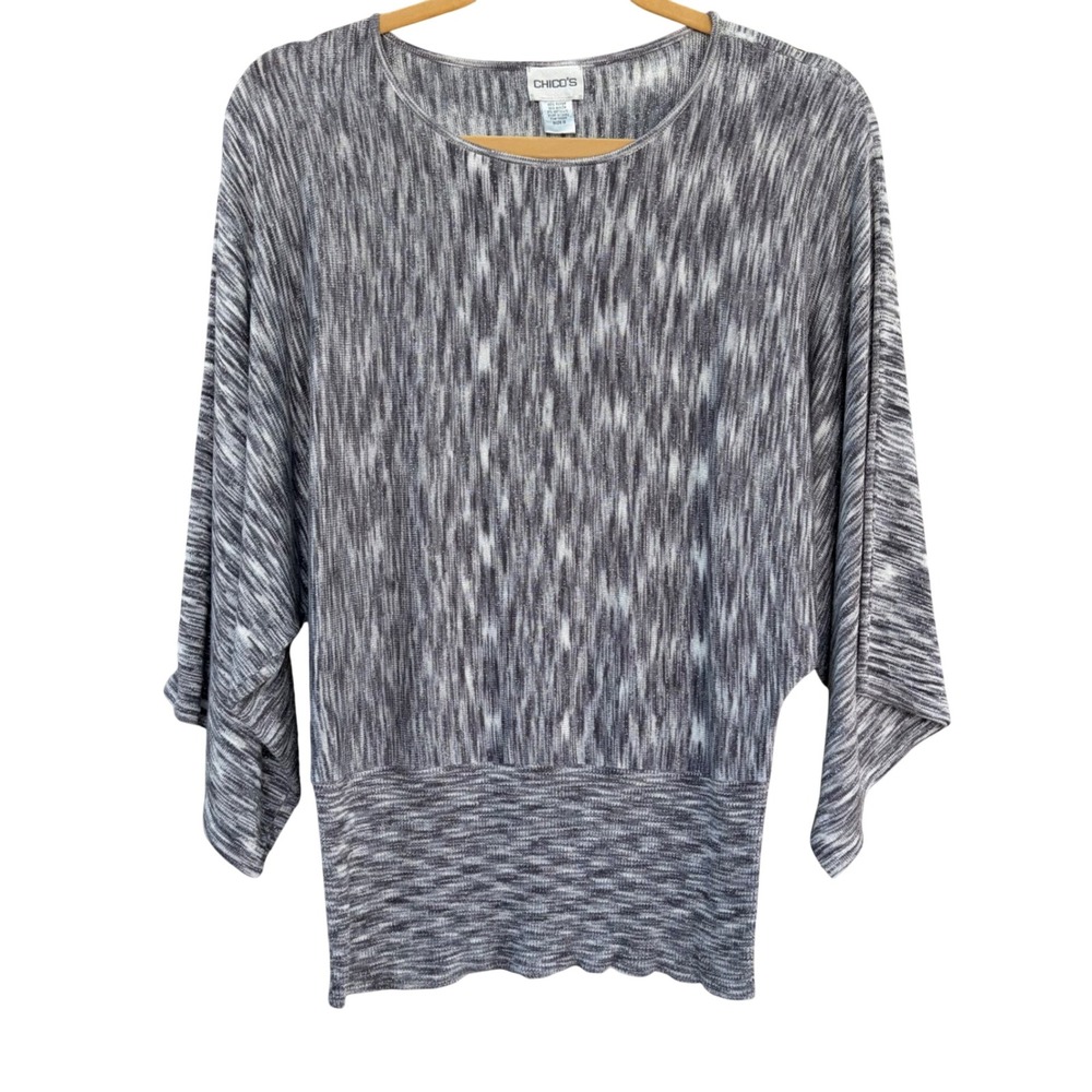 Chicos Womens Grey Metallic Space Dye Batwing Sleeve Knit Sweater Top Size‎ 0 S